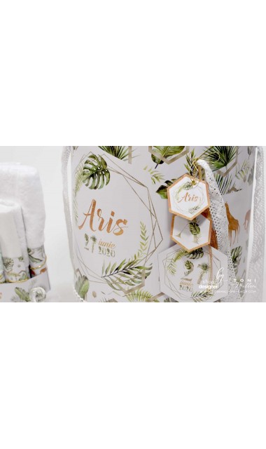 Trusou de botez cu animale gold din jungla si pattern frunze palmier Gold Jungle Tropical 20